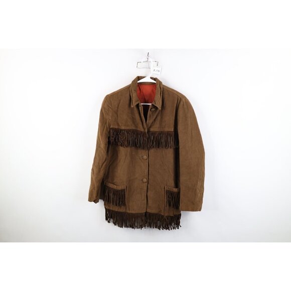 Vintage 60s 70s Womens 14 Distressed Western Fringed Button Jacket Brown USA - Picture 1 of 15